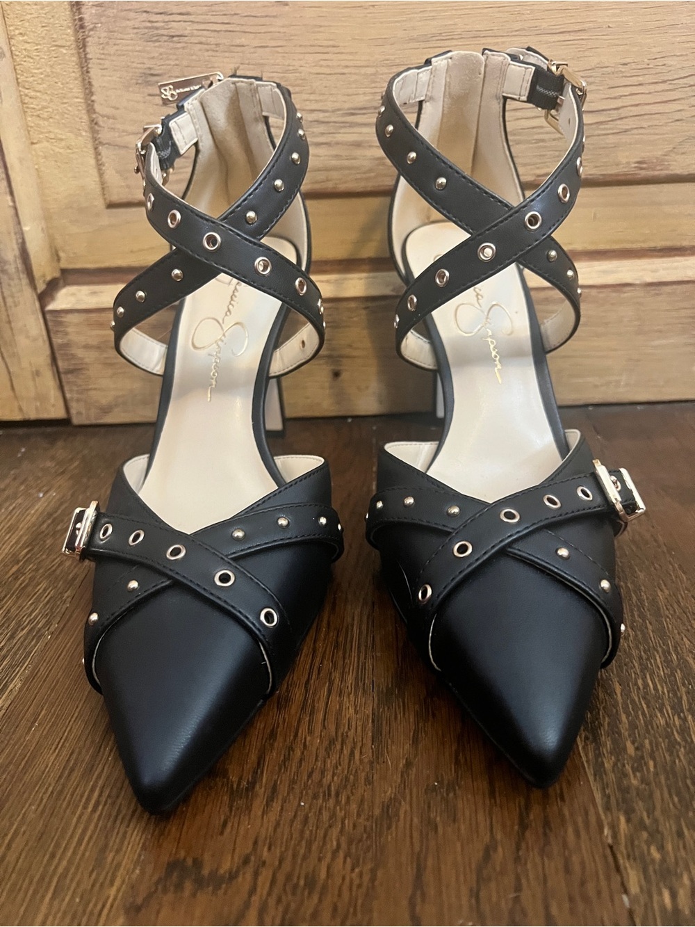 NWOB Jessica Simpson Black Studded Crisscross Pointed-Toe Heels